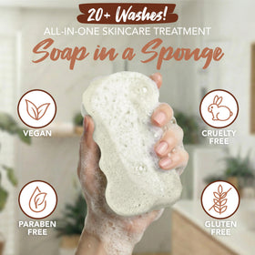 Spongeables Coconut Colada in hand with foamy lather ready for cleansing.