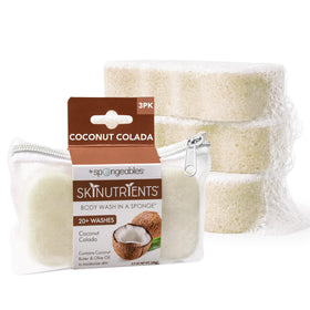 Spongeables Coconut Colada sponge cluster showing three in one pack for convenient cleansing.