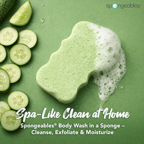 Spongeables Cool Cucumber sponge held for at-home spa cleanse.