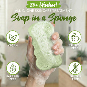 Spongeables sponge with textured side ready for gentle exfoliation.