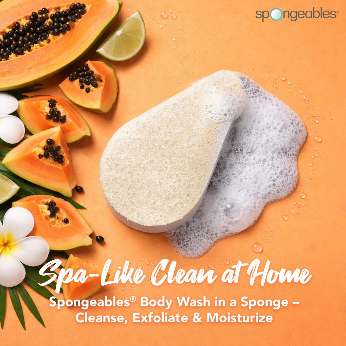 Spongeables papaya at-home spa experience sponge highlighting soothing scent.