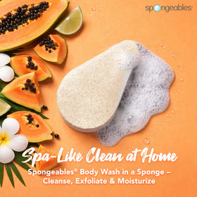 Spongeables papaya at-home spa experience sponge highlighting soothing scent.