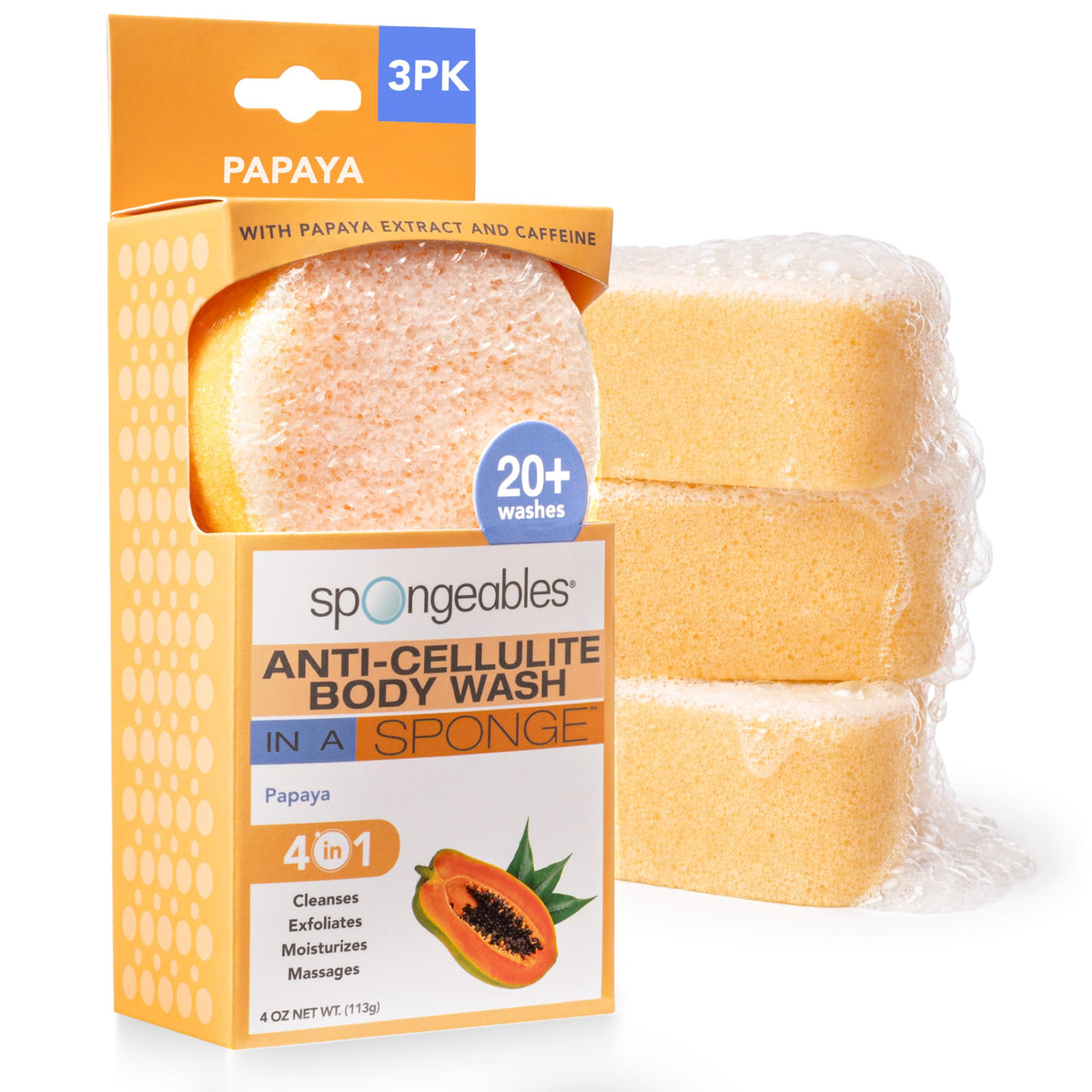 Spongeables papaya dual-texture sponge close-up for exfoliation and cleansing routine.