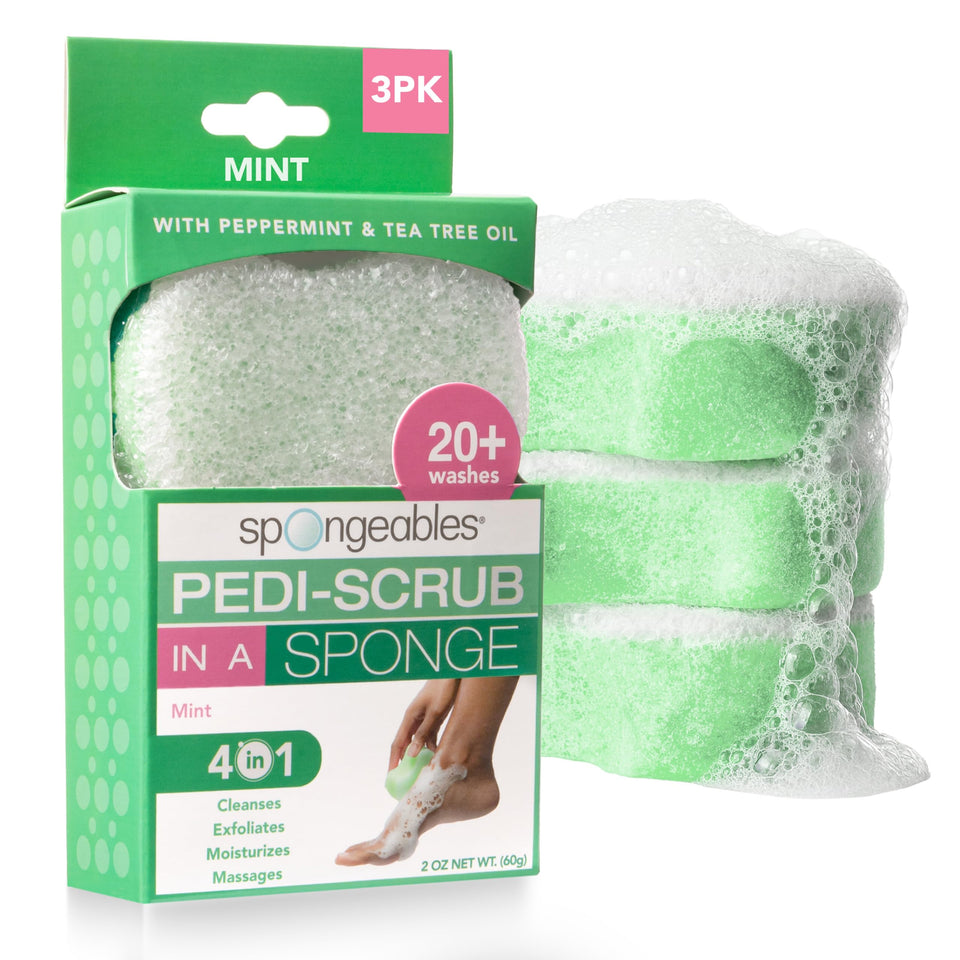Spongeables Pedi Scrub Foot Exfoliating sponge with peppermint and tea tree for refreshed feet