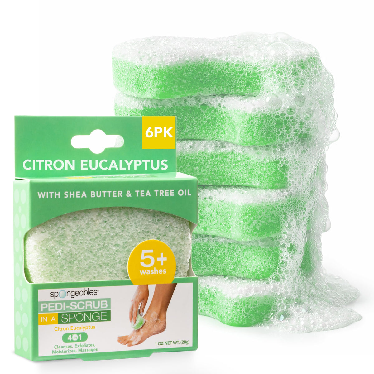 Spongeables Pedi Scrub foot exfoliating sponge in action for a smoother heel.