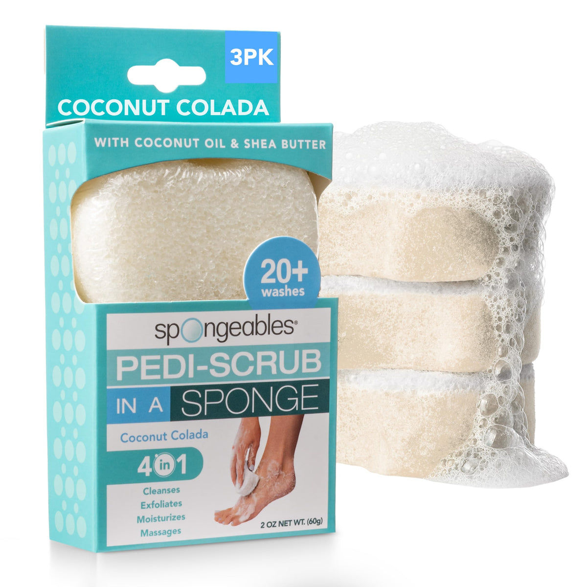 Spongeables Pedi Scrub Foot Exfoliating Sponge Coconut Colada for smoother feet