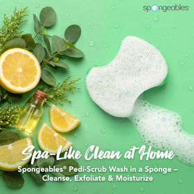 Spongeables Pedi Scrub textured buffer side for deeper exfoliation.