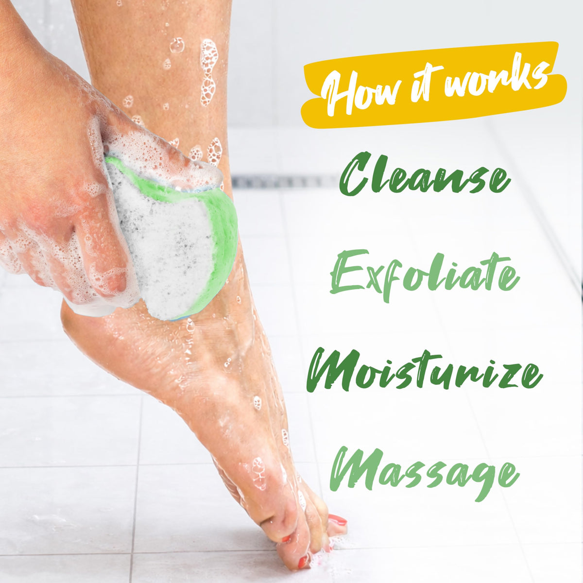 Spongeables Pedi Scrub water-activated soap release for easy foaming.