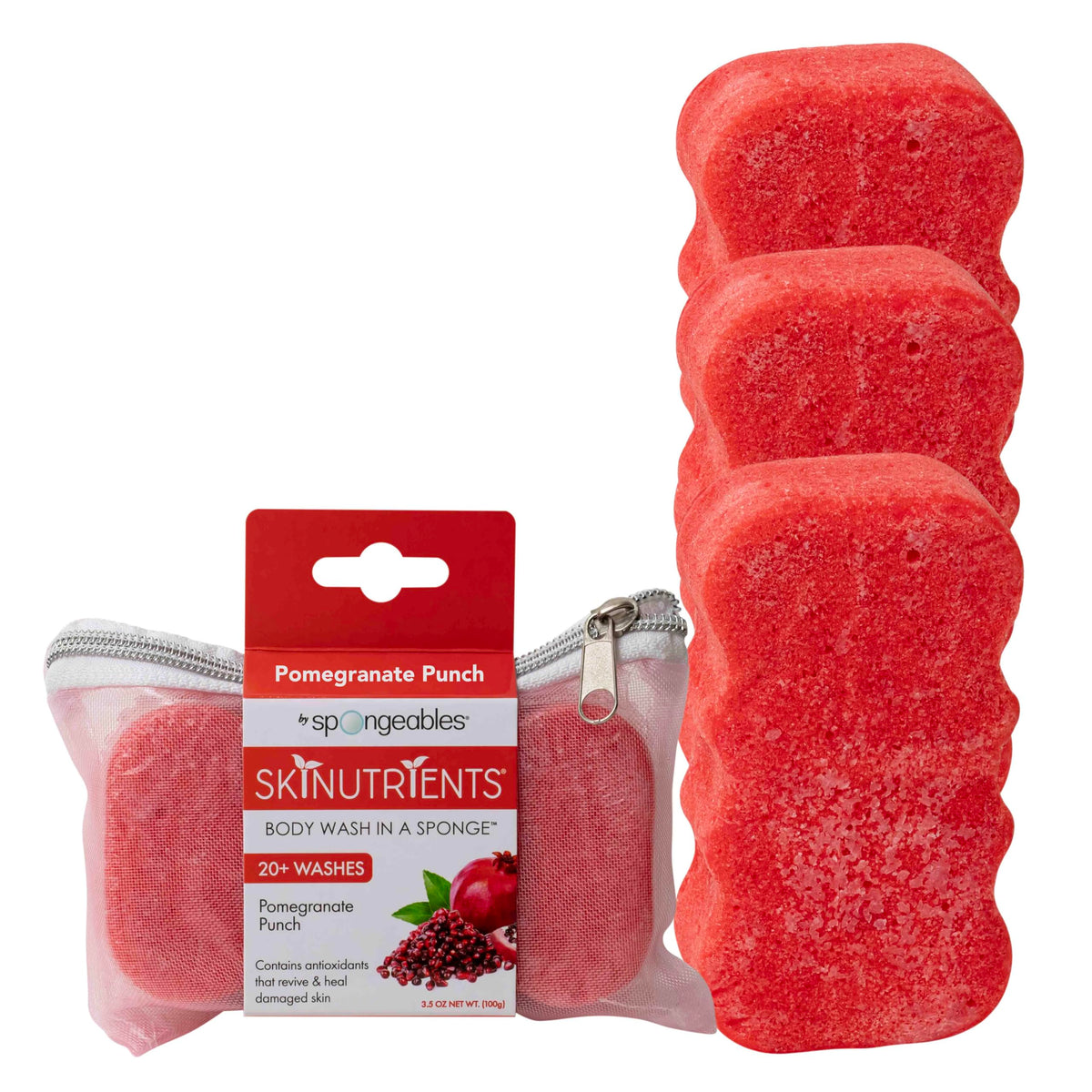 Spongeables Pomegranate Punch sponge with built-in soap for easy cleansing
