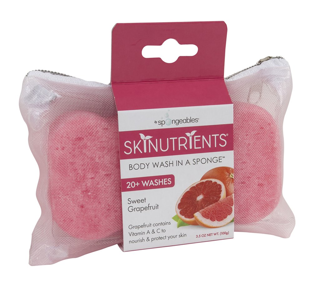 Spongeables Sweet Grapefruit dual-textured surface for gentle exfoliation and cleansing.
