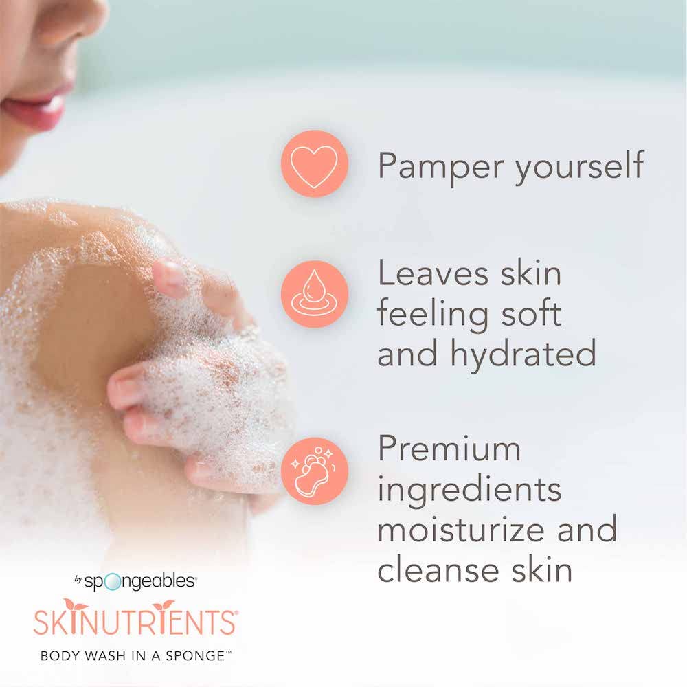 Spongeables Sweet Grapefruit sponge activated with water for quick cleansing.