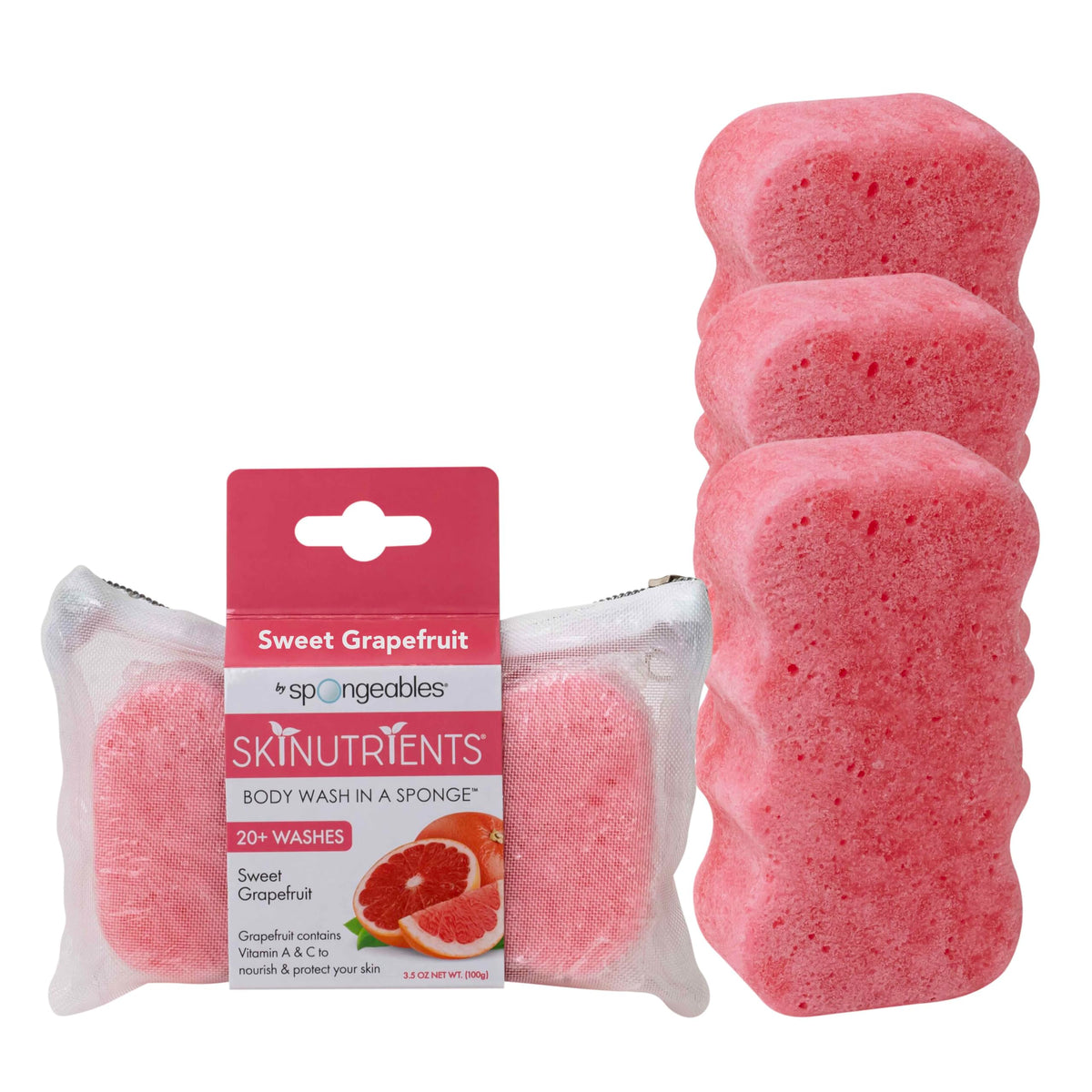 Spongeables Sweet Grapefruit sponge close-up showing integrated soap for easy cleansing.