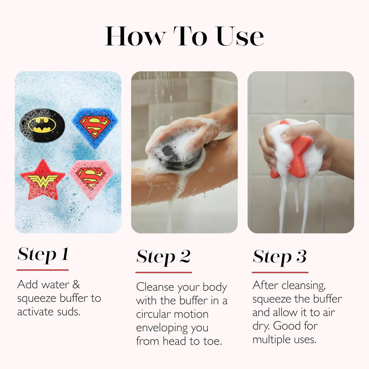 SPONGELLÉ Batman Grape Buffer shows clean ingredients and USA production.