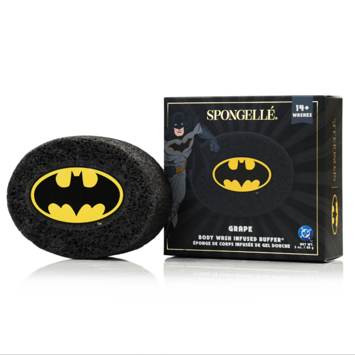 SPONGELLÉ Batman Grape Body Buffer closeup showing textured sponge for exfoliation.