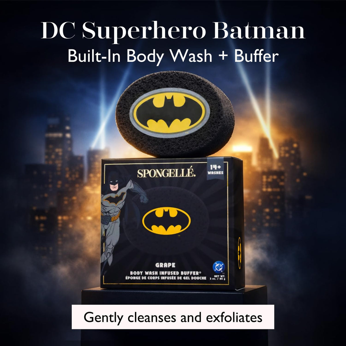 SPONGELLÉ Batman Grape Body Buffer under running water activating rich lather.
