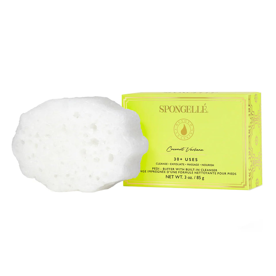 Spongellé Coconut Verbena Pedi Buffer closeup shows exfoliation for smoother feet.