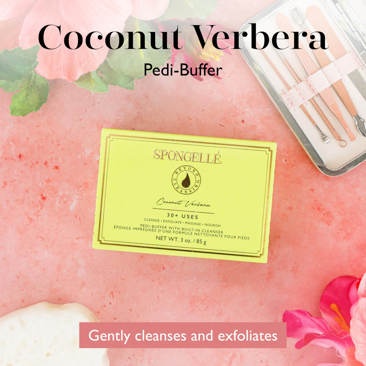 Spongellé Coconut Verbena Pedi Buffer in use creates a rich cleansing lather.
