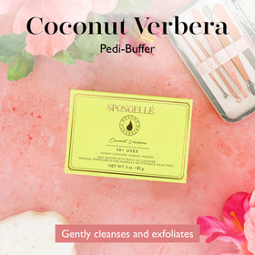 Spongellé Coconut Verbena Pedi Buffer in use creates a rich cleansing lather.