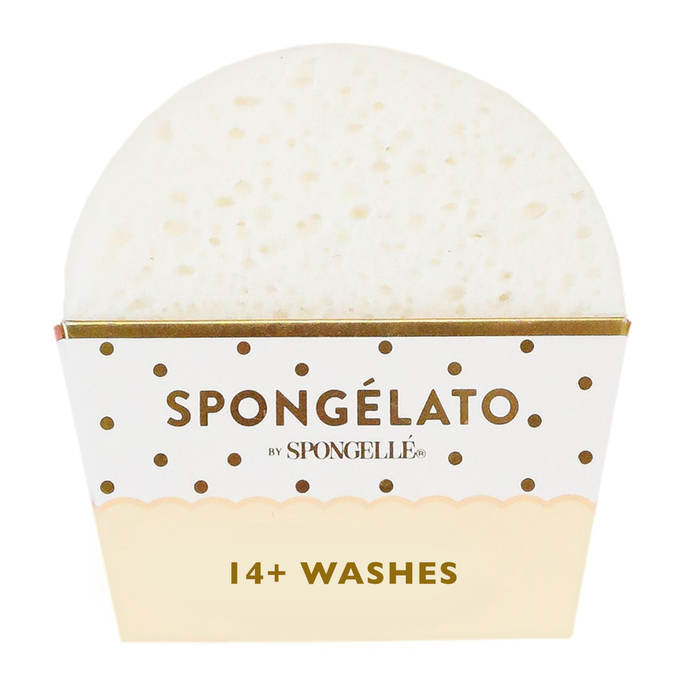 SPONGELLÉ Fior de Latte bath sponge with built-in cleanser for a spa-like shower.