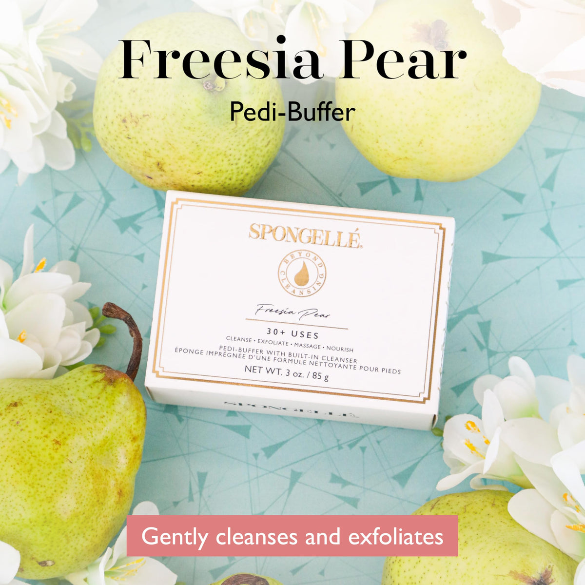 Spongellé Freesia Pear Pedi Buffer packaging showcases convenient, spa-inspired care at home.