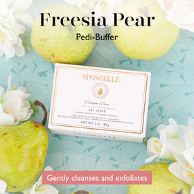 Spongellé Freesia Pear Pedi Buffer packaging showcases convenient, spa-inspired care at home.