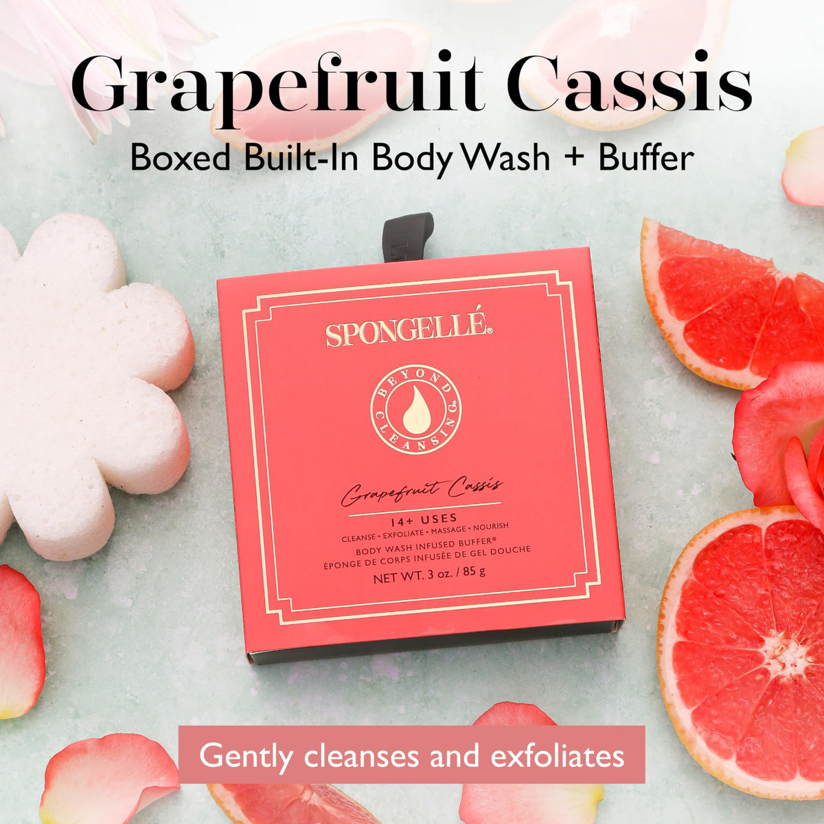 SPONGELLÉ sponge label close-up highlights built-in wash for convenient showers.