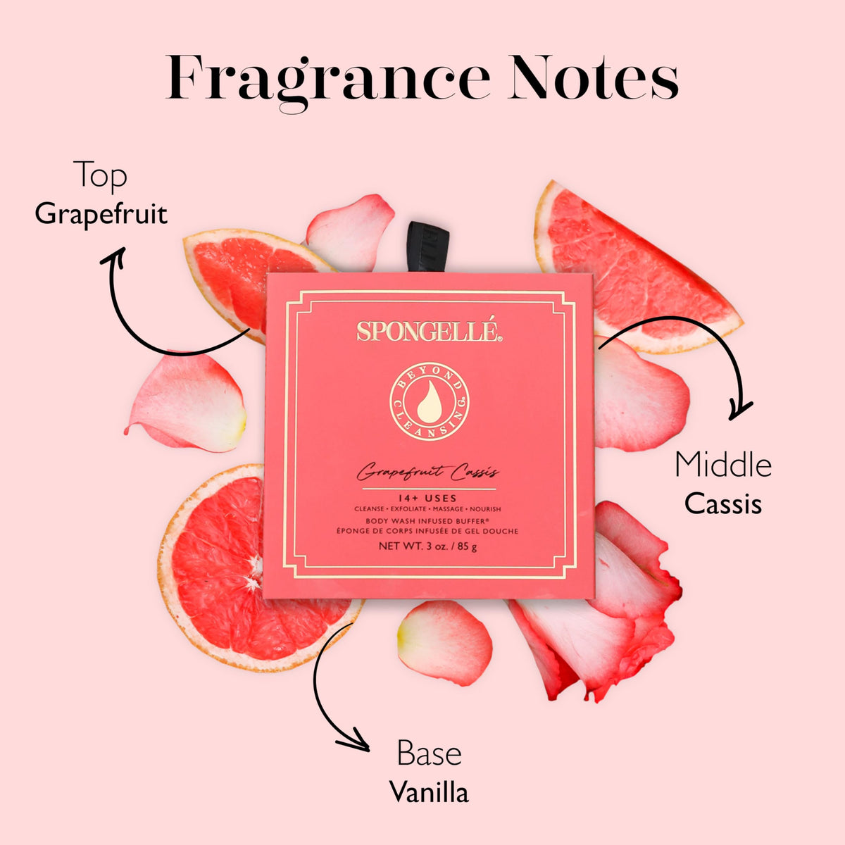 SPONGELLÉ Grapefruit Cassis Wild Flower sponge lather close-up shows creamy activation.