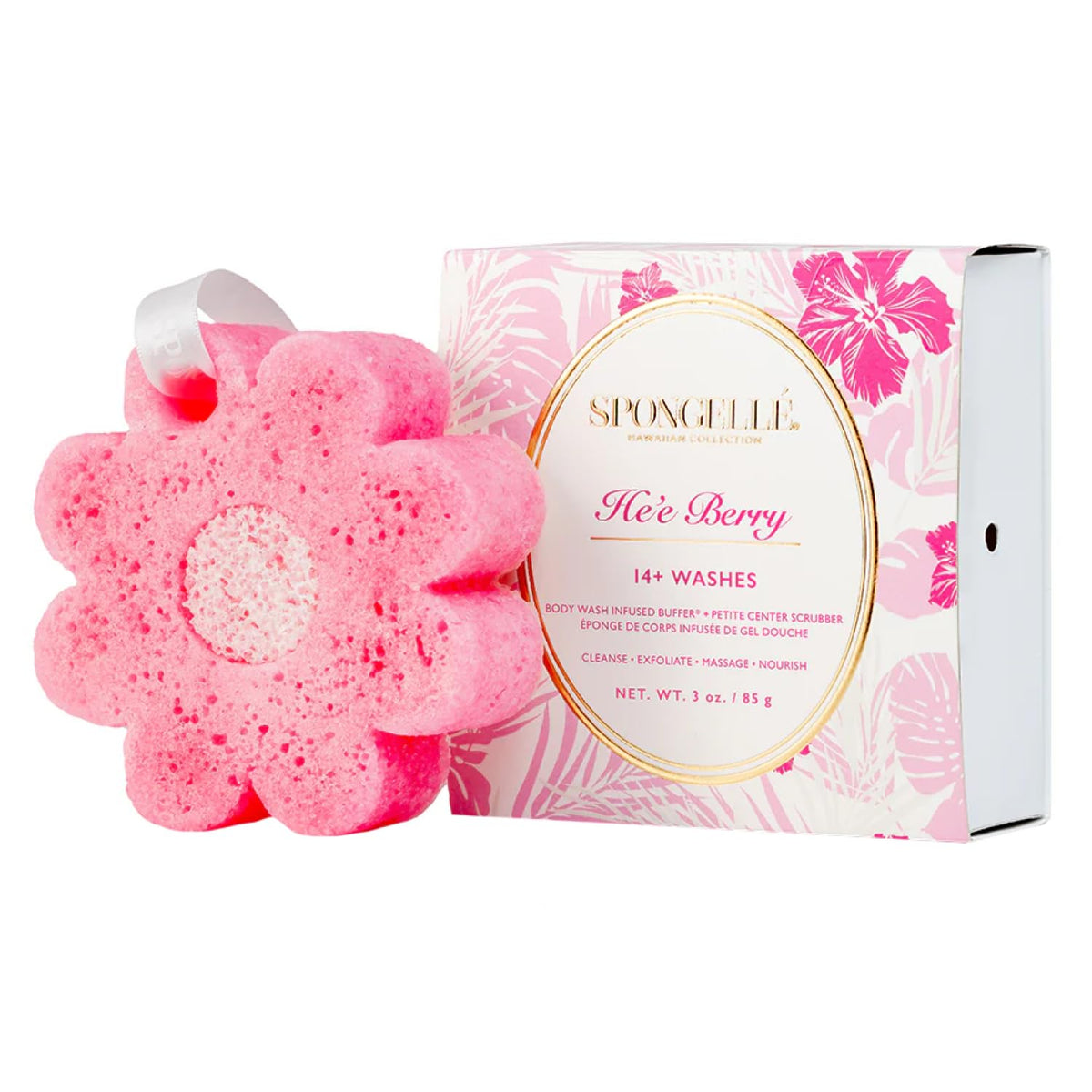 Spongellé He'e Berry Buffer close-up bottle ready for a nourishing shower.