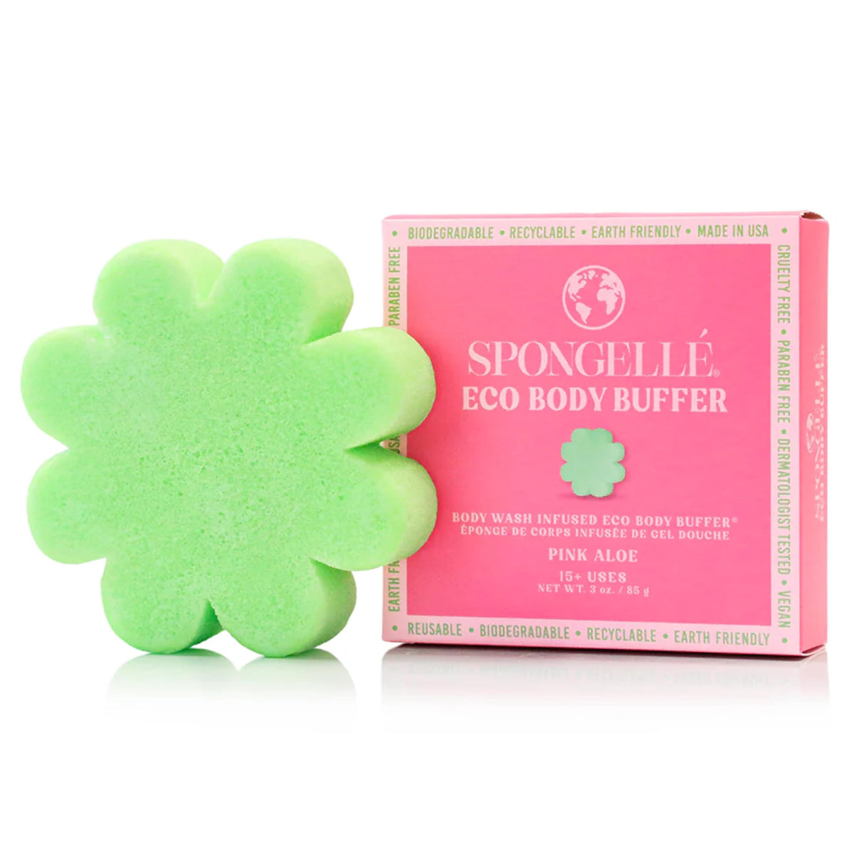 SPONGELLÉ Pink Aloe Eco Buffer front view for gentle exfoliation and cleansing