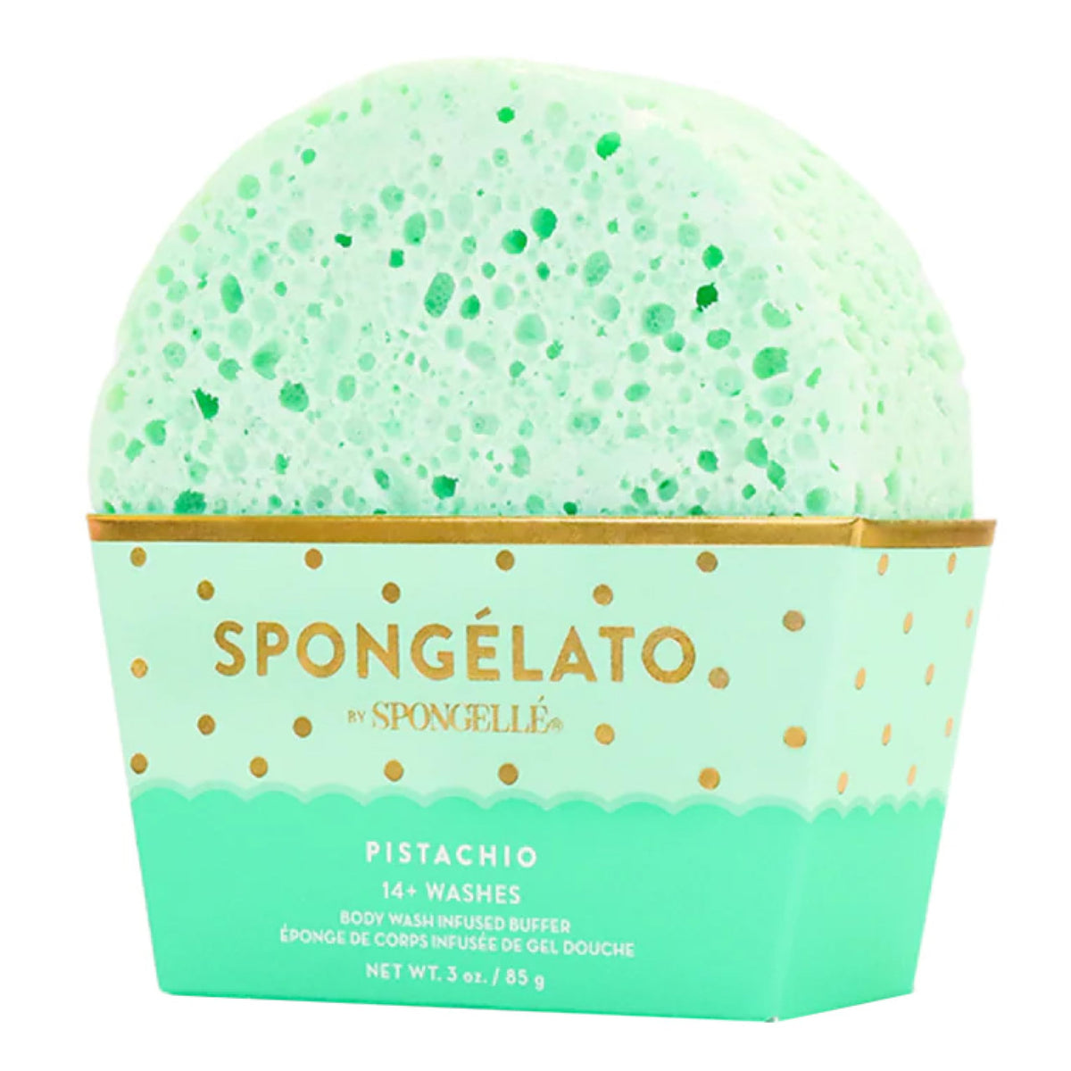 SPONGELLÉ Pistachio Spongélato bath sponge with built-in wash for convenient cleansing.