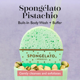 Pistachio Spongélato sponge delivers creamy lather and gentle exfoliation for smooth skin.