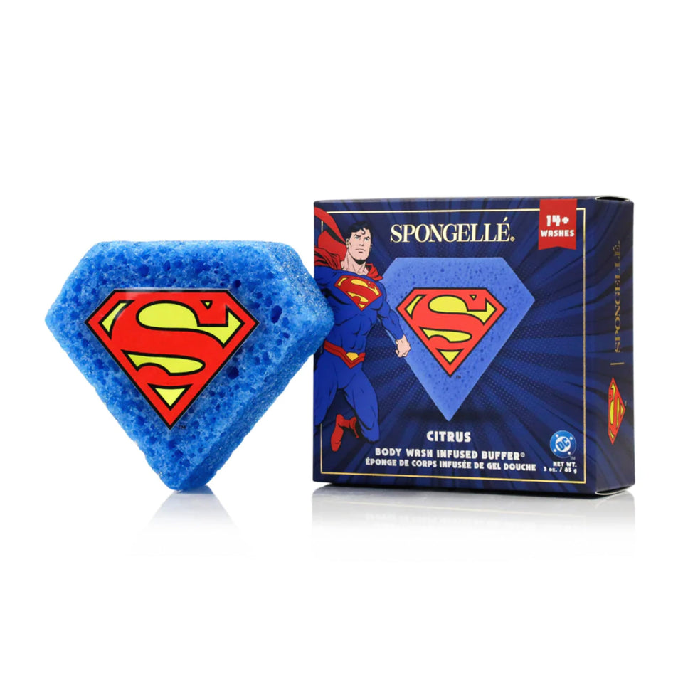 Spongellé Superman Citrus Buffer packaging highlights DC license and energizing aroma for daily boosts.