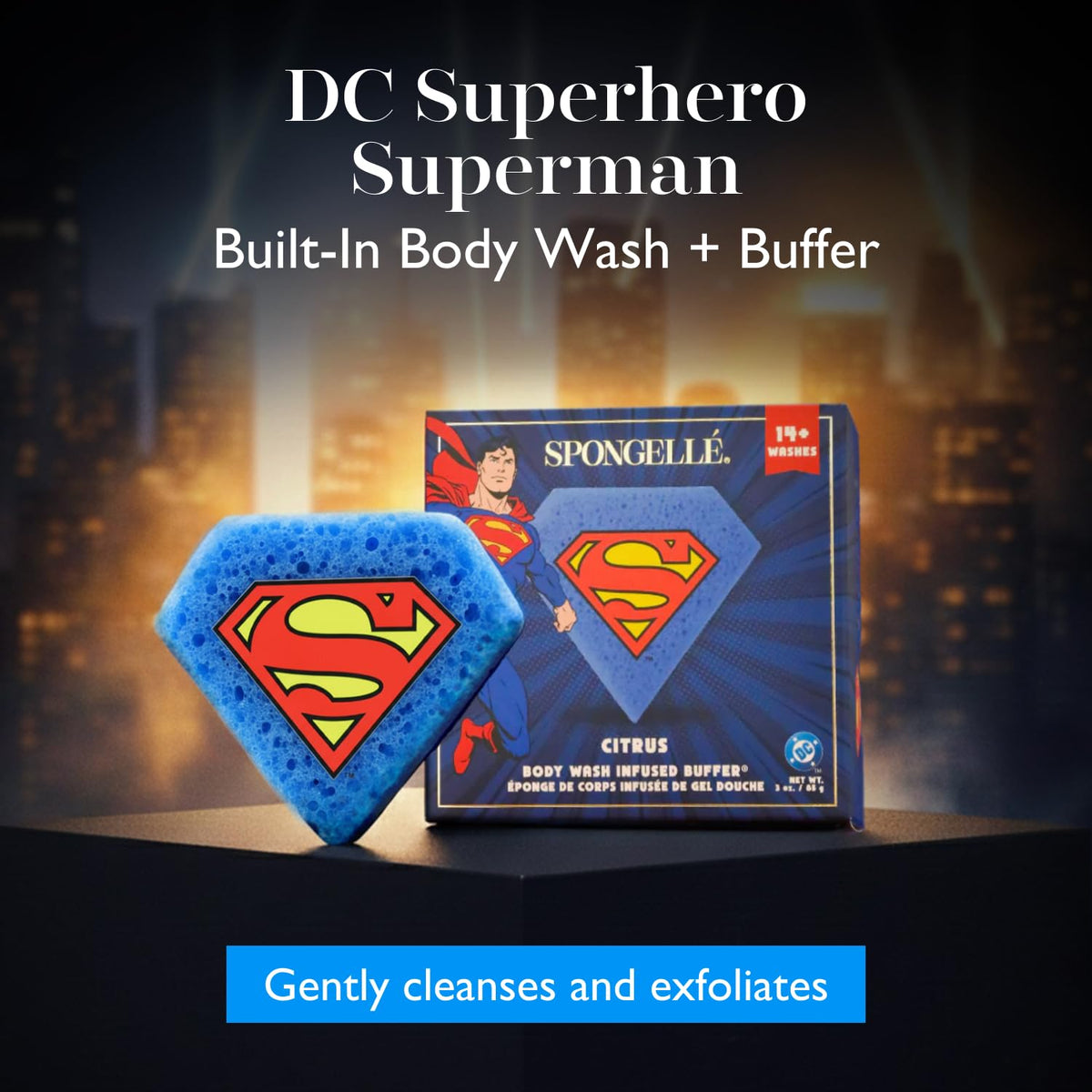 Spongellé Superman Citrus Buffer under running water activates a rich exfoliating lather.