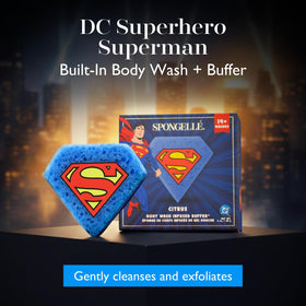 Spongellé Superman Citrus Buffer under running water activates a rich exfoliating lather.