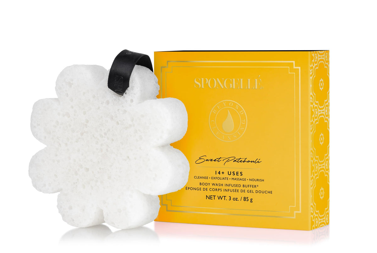Spongelle Sweet Patchouli Wild Flower bath sponge with box for gifting.