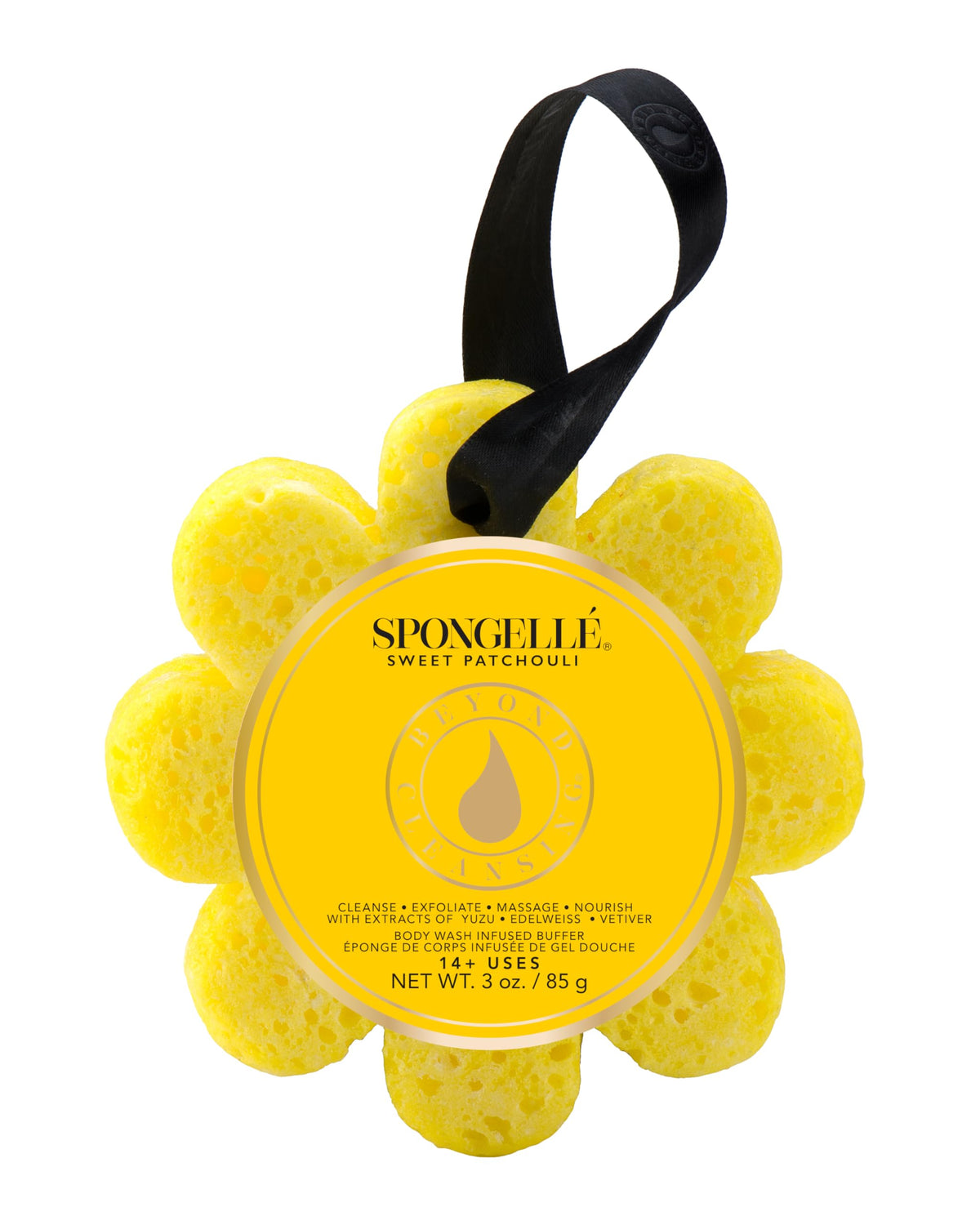 SPONGELLÉ Sweet Patchouli Wild Flower bath sponge with built-in wash for exfoliation and cleansing