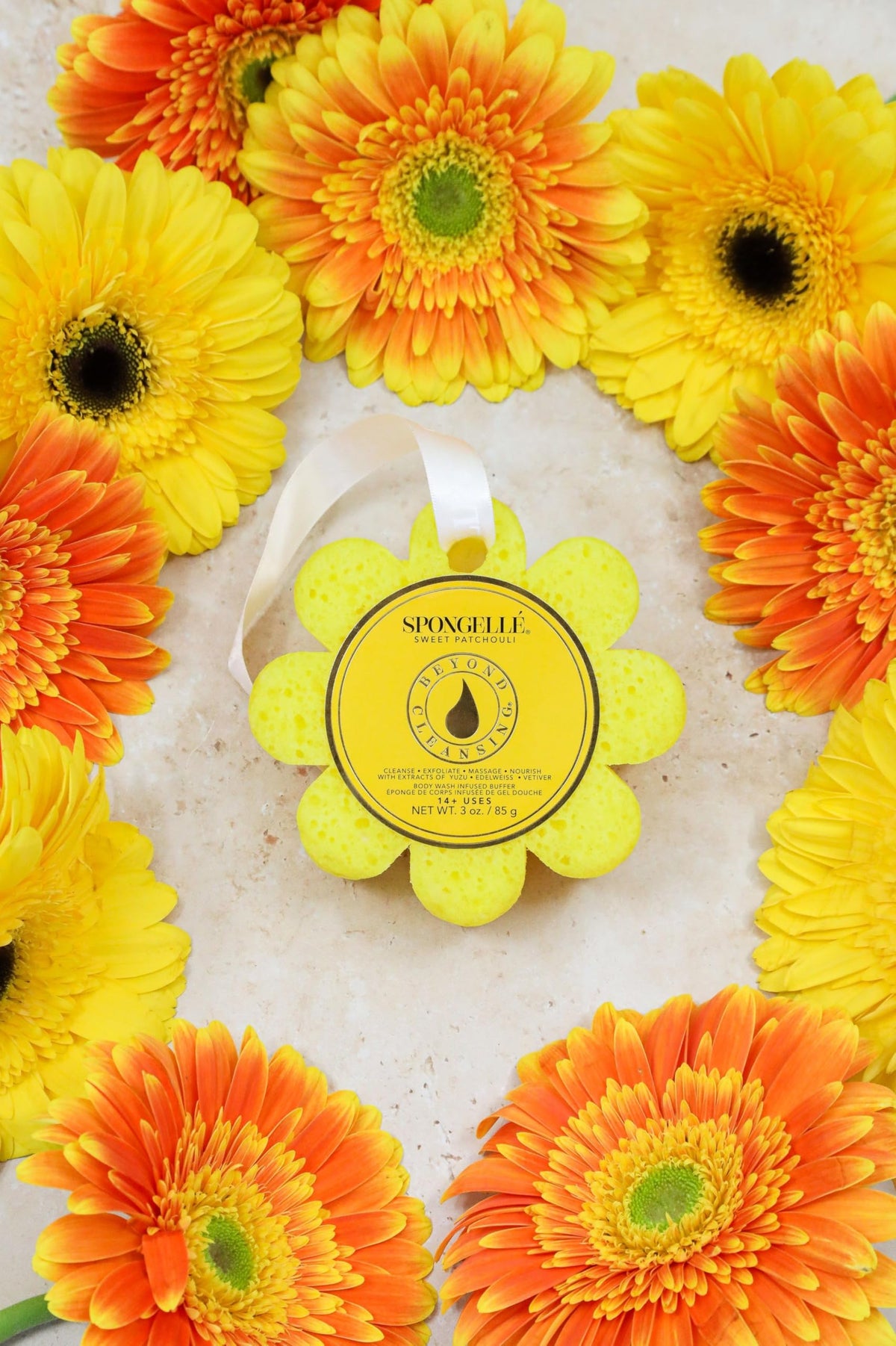 SPONGELLÉ logo with patchouli notes, evoking a refreshing post-shower mood