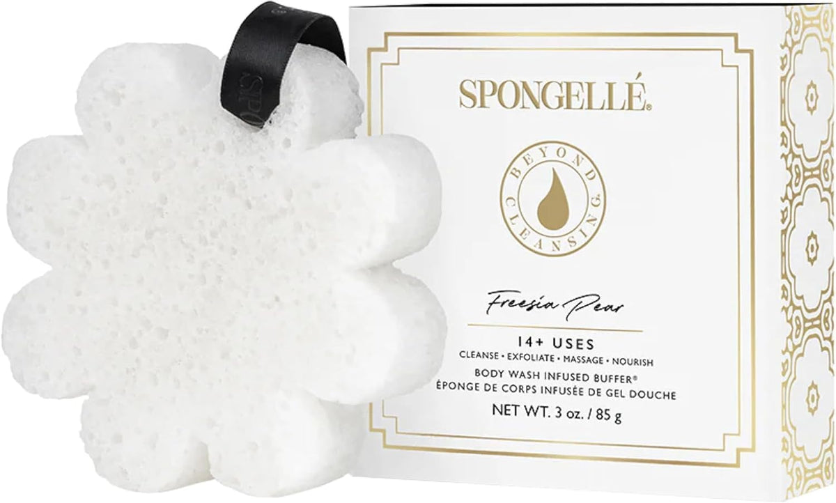 SPONGELLÉ built-in wash on sponge delivers cleanser during shower routines.
