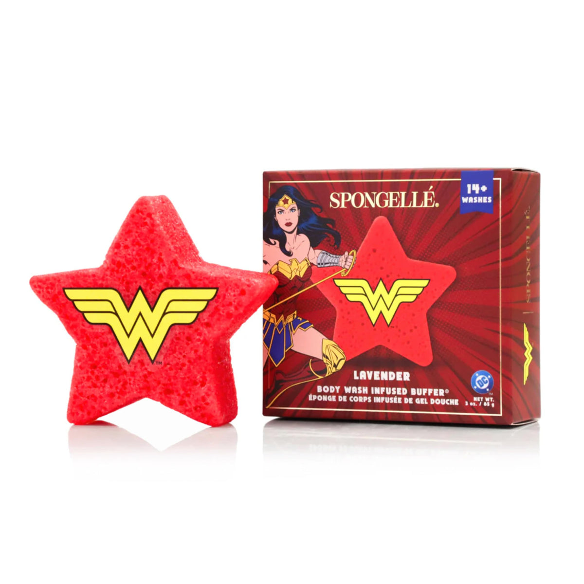 SPONGELLÉ Wonder Woman Lavender Buffer packaging showcases licensed DC product