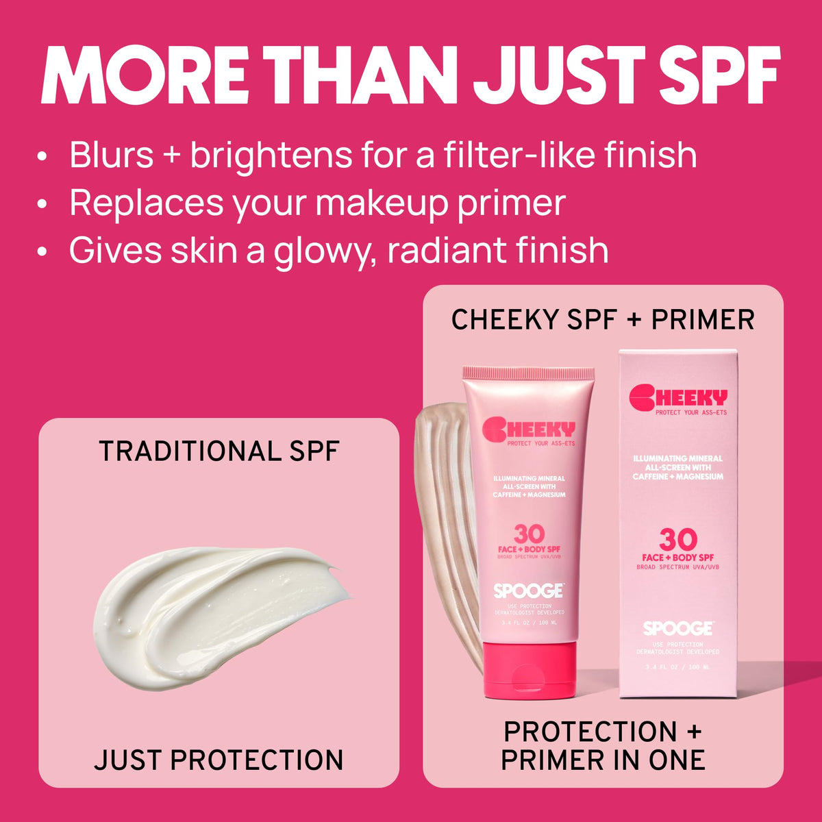 Spooge Cheeky on arms shows SPF 30 protection for daily sun exposure.