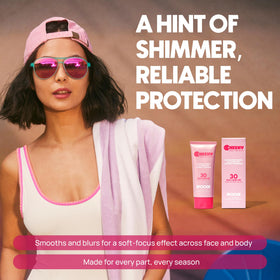 Spooge Cheeky body shimmer adds glittery radiance during outdoor activities.