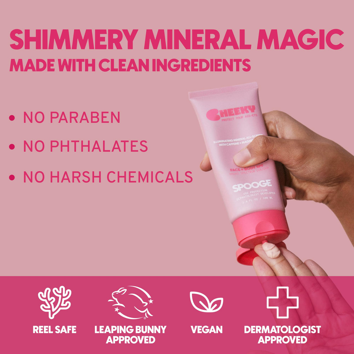 Spooge Cheeky face glow with light-reflecting shimmer and refreshing feel.