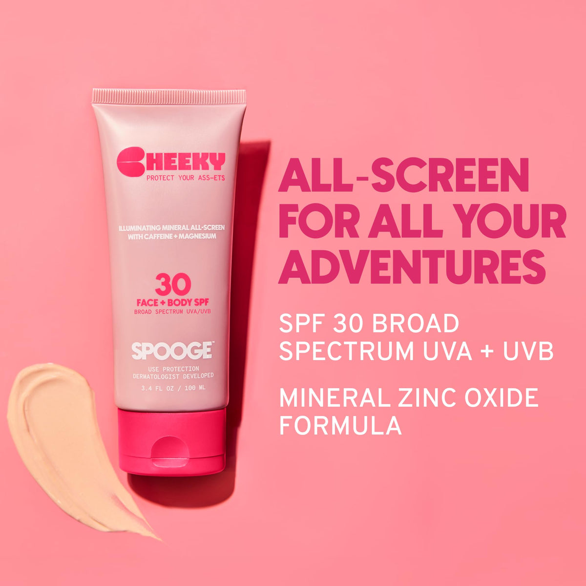 Spooge Cheeky application close-up highlights quick, caffeine-energized skin protection.