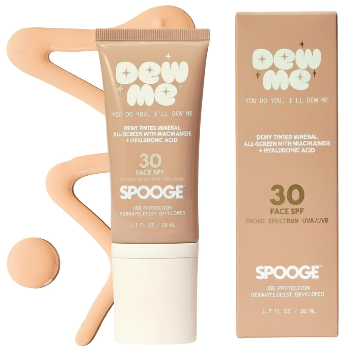 Spooge Dew Me tinted mineral sunscreen with sheer golden tint for daily hydration and glow