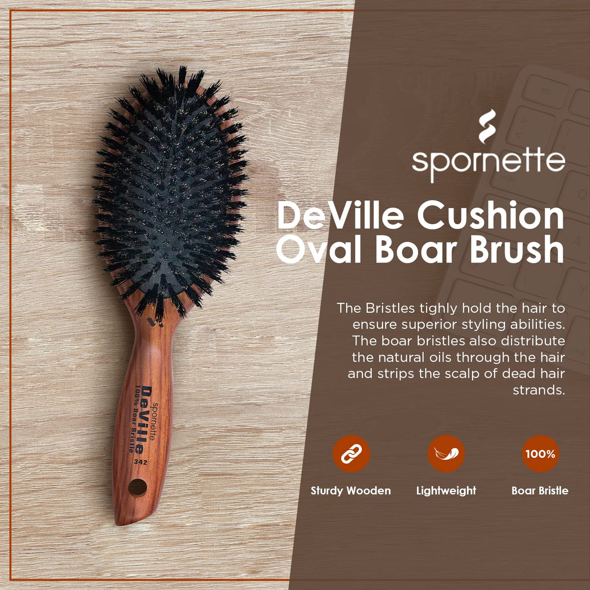 Spornette Deville boar bristles brush ready for smoothing and oil distribution