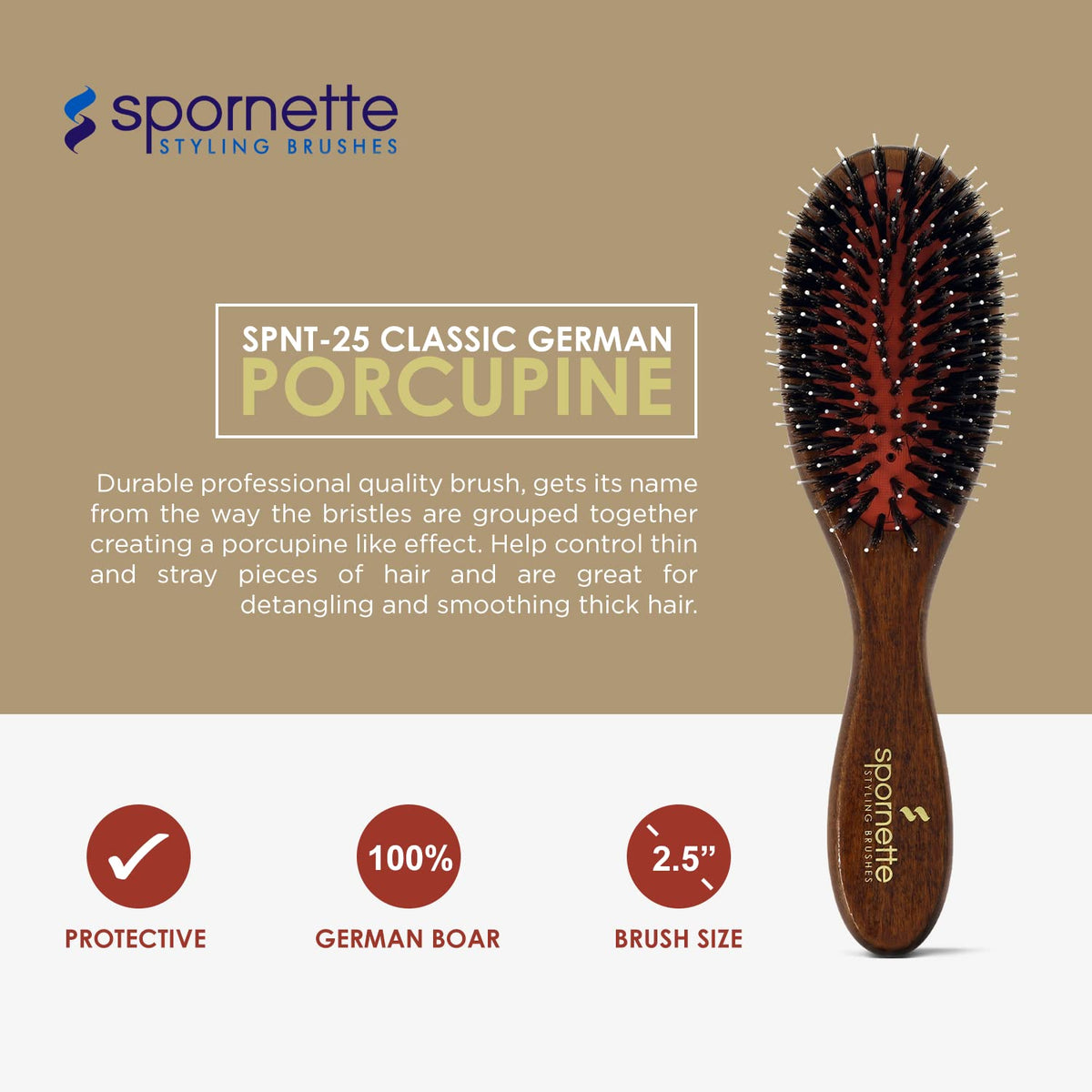 Spornette German boar bristles provide even oil distribution and smoothness.