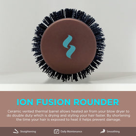 Spornette Ion Fusion bristles close-up gripping thick hair for smooth styling.