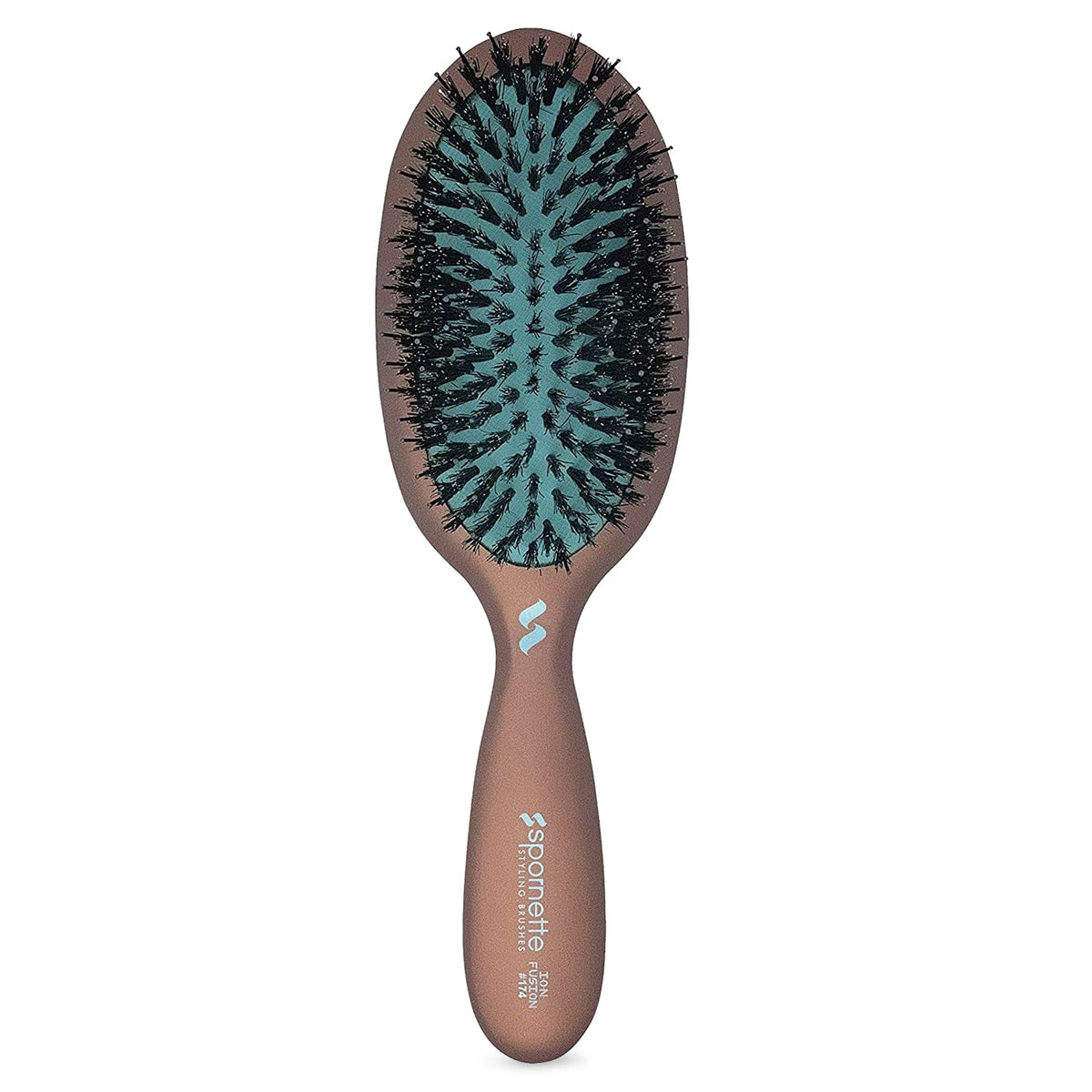 Spornette Ion Fusion Cushion Oval Brush close-up on nylon bristles for detangling and anti-static smoothness