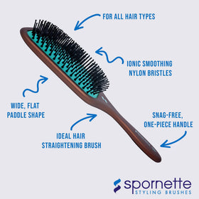 SPORNETTE Ion Fusion paddle brush features one-piece, snag-free handle