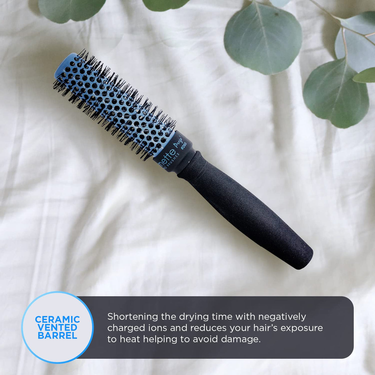 SPORNETTE Prego 1.5-inch round brush in use during drying demonstrates even heat